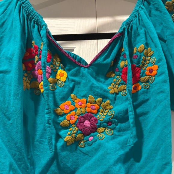 Embroidered Teal Peasant Top - Picture 2 of 3